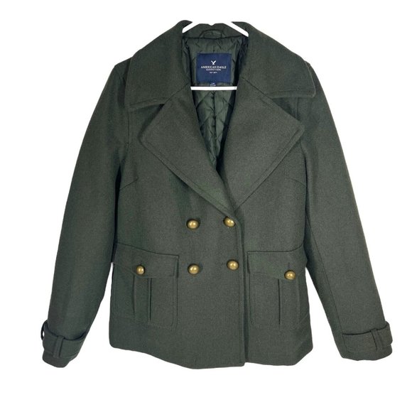 American Eagle Peacoat Women L Army Green Winter Fall Miliatary Wool Jacket Coat - Picture 14 of 16